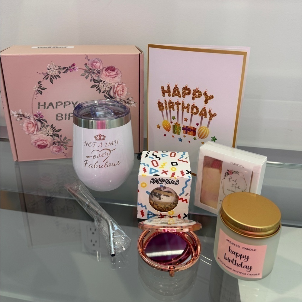 Happy Birthday Gift Set Soy Candle Travel Mug Bath Bomb Soap Mirror